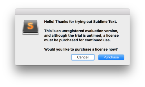 Всплывающее окно редактора Sublime Text предлагающее купить лицензию